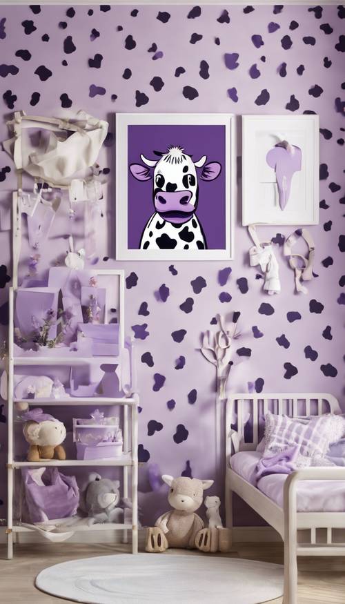 Cameretta per bambini decorata con carta da parati con stampa di mucche viola e accessori coordinati.