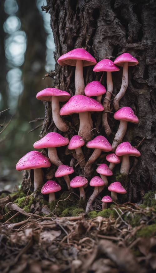 Eine Reihe leuchtend rosa Pilze, eingebettet zwischen den Wurzeln eines alten Baumes.