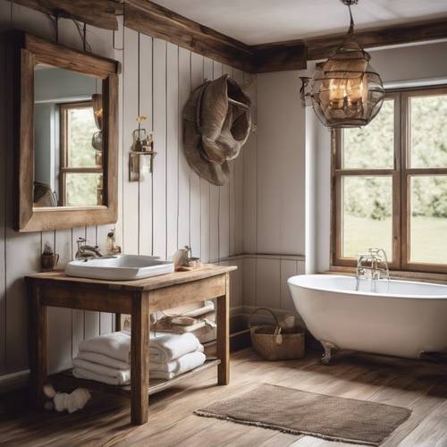 Ahşap çerçeveli aynalı kır evi banyosunun rustik cazibesi.