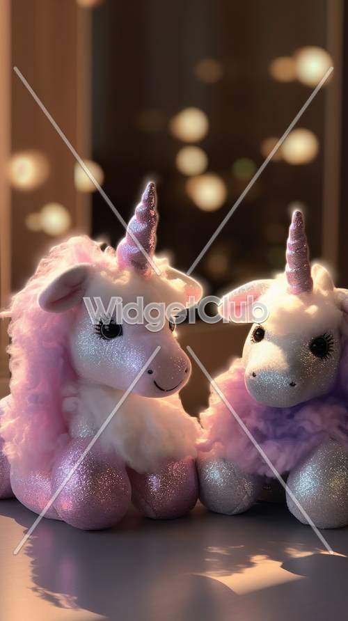 Peluches de unicornios mágicos en un brillante escenario de cuento de hadas
