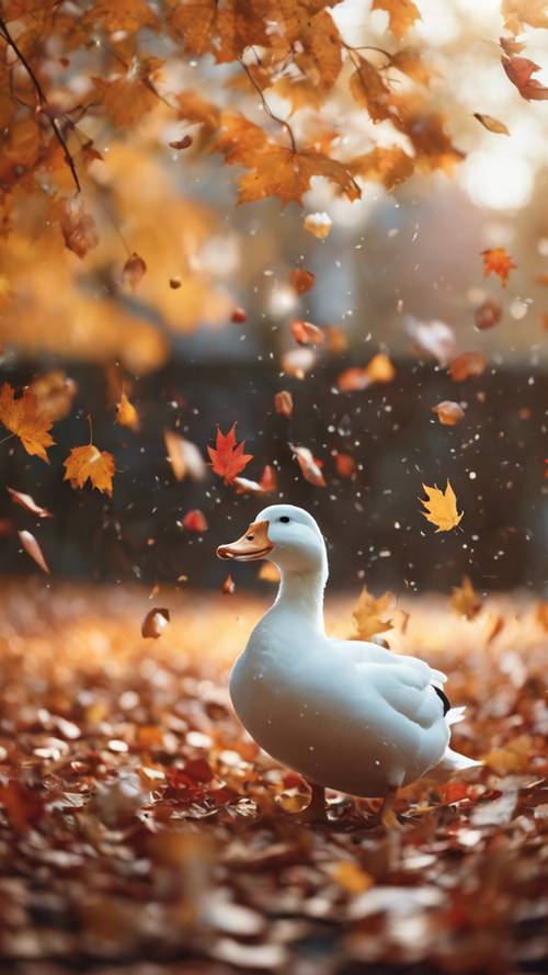 A white duck is surrounded by a flurry of multicolor autumn leaves falling gently on a cool fall evening.