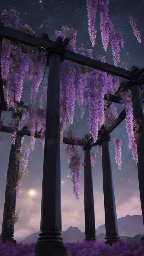 Awe inspiring sight of the towers of a black wisteria pergola, beneath a star-studded sky.