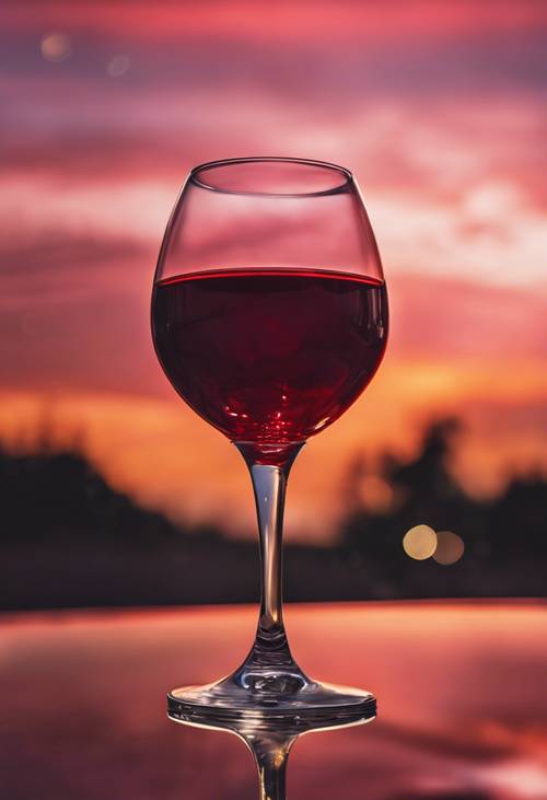 Uma taça de vinho tinto com reflexo contra um fundo intenso de pôr do sol.