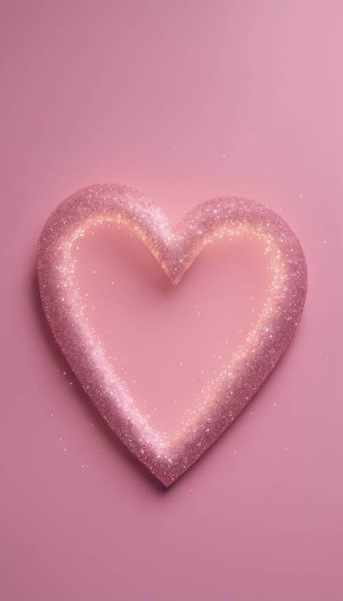 Una forma de corazón dibujada con brillo fino rosa claro sobre una superficie plana.