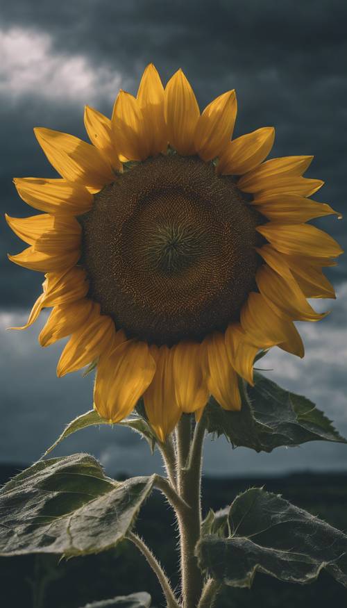 Eine einsame gelbe Sonnenblume vor einem stürmischen Himmel.