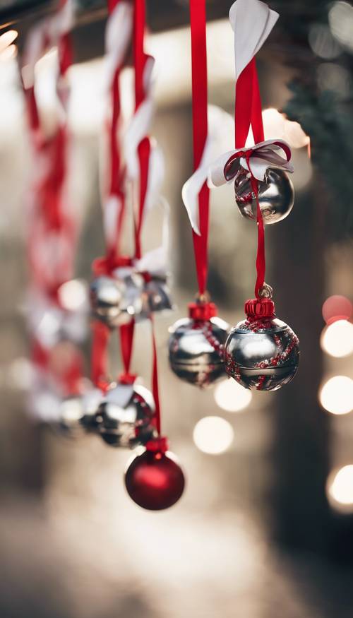 Jingle bells strung up with red and white ribbons.