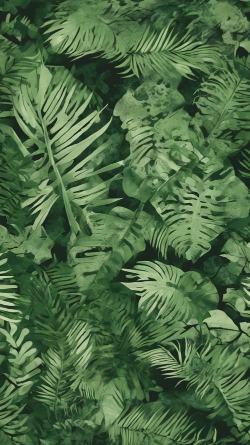 Camouflage pattern painted in various hues of green blending with a jungle backdrop.