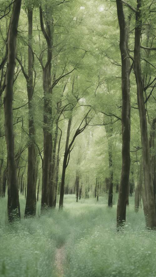 Eine ruhige Waldlandschaft mit Bäumen und Blättern in sanftem Salbeigrün.