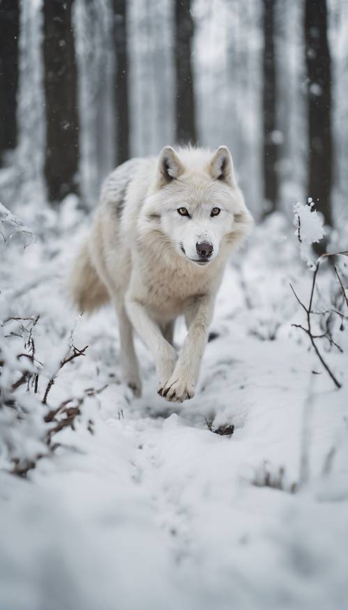 Biały wilk goni szybkiego królika w zimowym lesie.