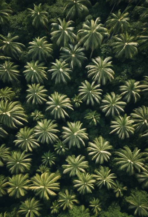 Eine Vogelperspektive auf einen ausgedehnten tropischen Wald voller Palmen.