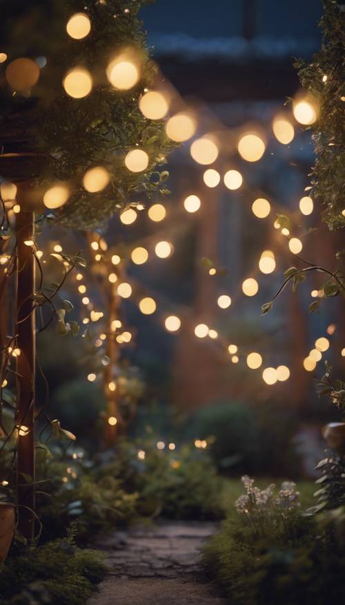 Um pequeno jardim tranquilo visto ao entardecer, adornado com lindas luzes de fadas.