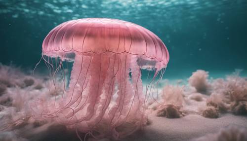 一只粉红色的水母优雅地漂浮在清澈的海水中。