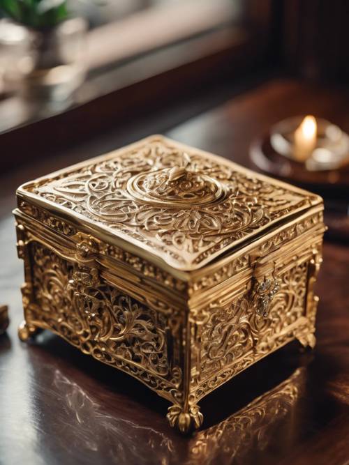 Kotak perhiasan kerawang emas berukir terletak di atas meja mahoni