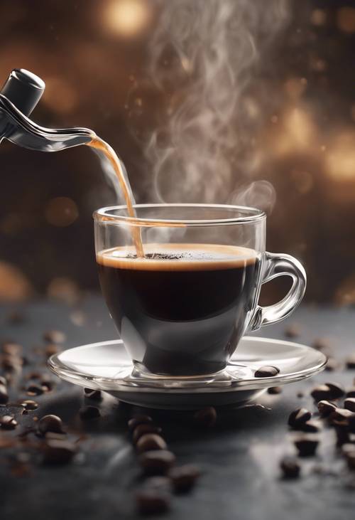Uma ilustração de uma dose de café expresso fumegante sendo derramada em uma xícara.