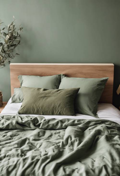 Una camera da letto con biancheria da letto minimalista verde salvia e accessori nei toni della terra