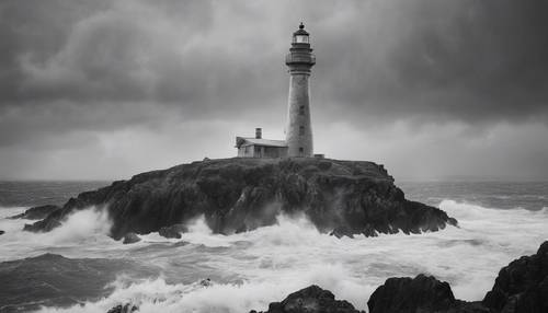 A grayscale photograph of an isolated lighthouse on a rugged coastline during a storm.