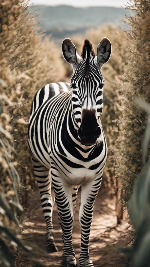 Una zebra incorniciata da fitti cespugli spinosi, che sceglie con attenzione il suo percorso.