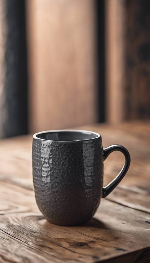 Uma caneca de café de cerâmica texturizada cinza escuro sobre uma mesa de madeira.