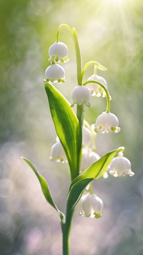 Gambar kekanak-kanakan dari bunga Lily of the Valley yang tersenyum di bawah sinar matahari.