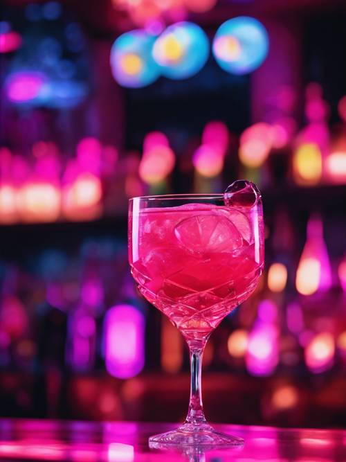 Neon-lit hot pink cocktail glasses at a night club bar, filled with sparkling drinks emitting a vibrant glow.