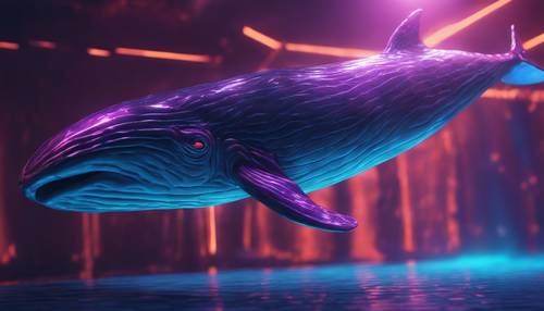 A neon rendition of a blue whale diving into the depths of the ocean.