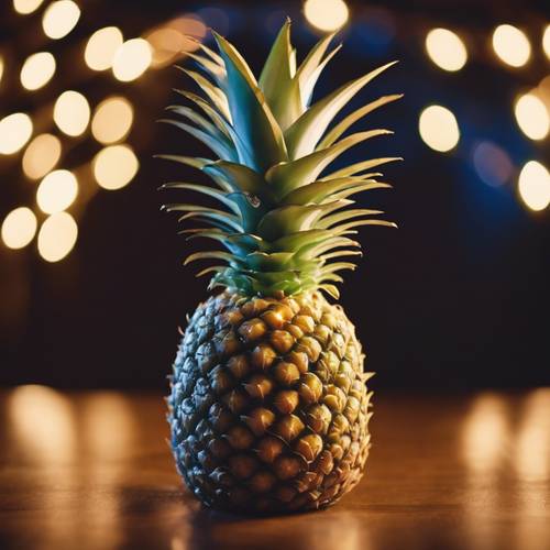 A pineapple lit up with Christmas lights.