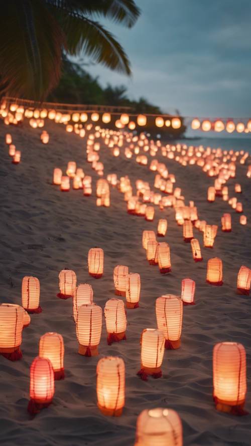 Uma praia tropical iluminada com lanternas japonesas preparadas para um festival de praia.