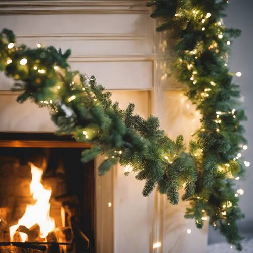 Una clásica guirnalda verde con luces blancas colgada alrededor de una acogedora chimenea.