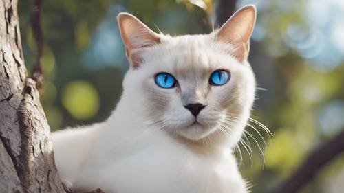 A white Siamese cat with dazzling blue eyes, sitting on a tree branch.