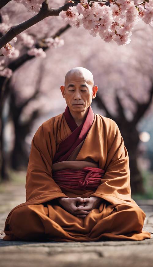 一位老禪僧在一棵盛開的櫻花樹下冥想。