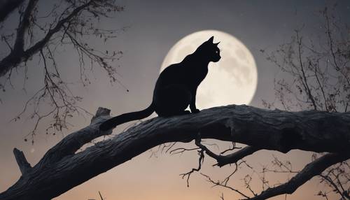 A black cat perched on a gnarled tree branch, looking up at misty apparitions resembling witches riding broomsticks across the full moon.