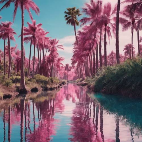 透き通る青い川に並ぶピンクのヤシの木の素晴らしいイメージ