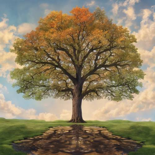 A reflective painting of a single oak tree in each of the four seasons. Kertas dinding [58f851f066d3458f872b]