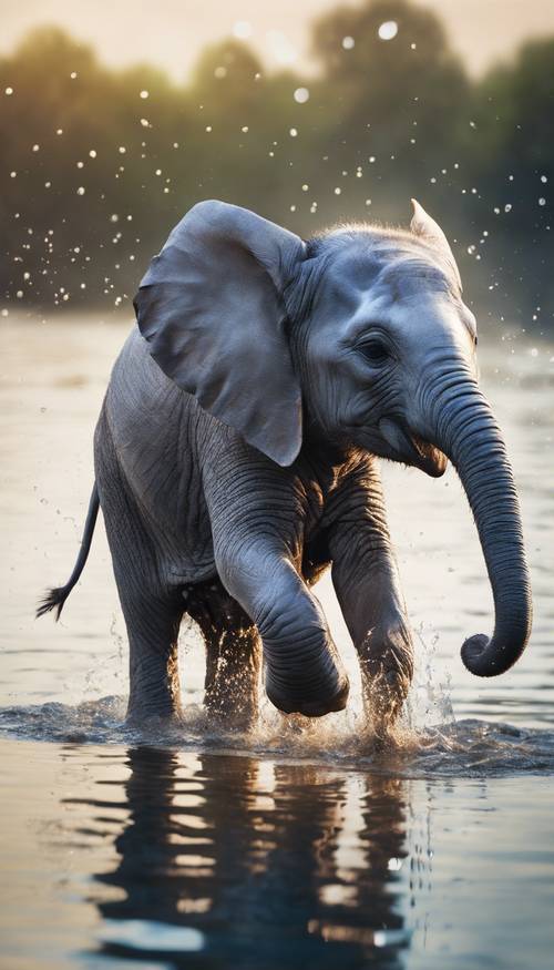 Seekor bayi gajah dengan cahaya biru lembut sedang bermain-main memercikkan air di tepi sungai.