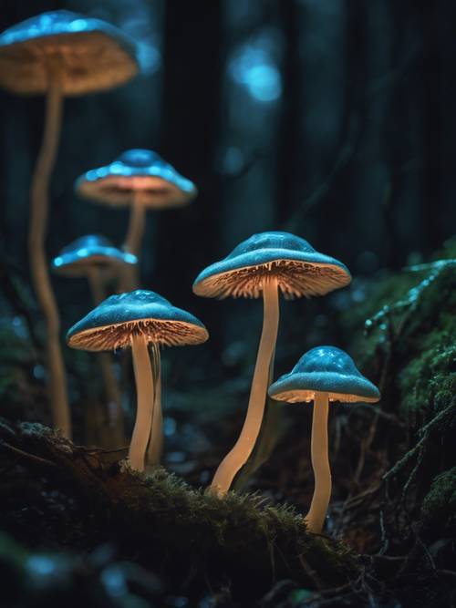 Tajemniczy blask bioluminescencyjnych grzybów oświetlający ciemny las.
