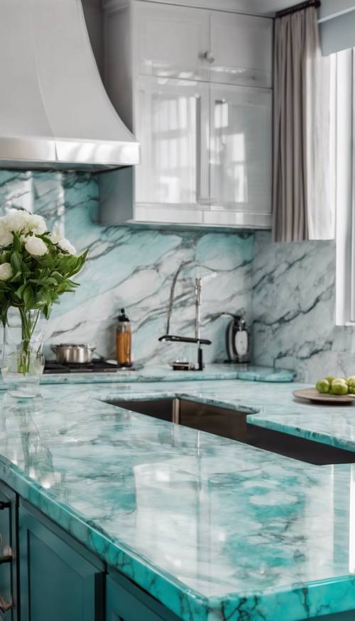 Polished turquoise marble countertops in a contemporary kitchen.