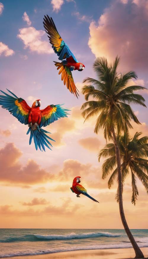 A vibrant tropical beach scene at sunset with vividly colored parrots flying in the sky.