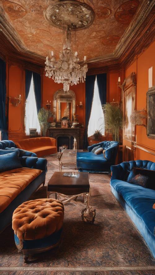 A late Victorian interior design with rich orange wallpaper and plush blue velvet couches.