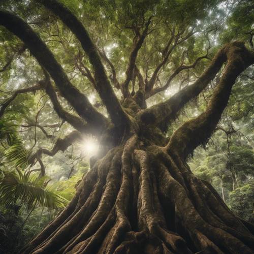 熱帶雨林中心的一棵雄偉的木棉樹，綻放出絢麗的光芒。