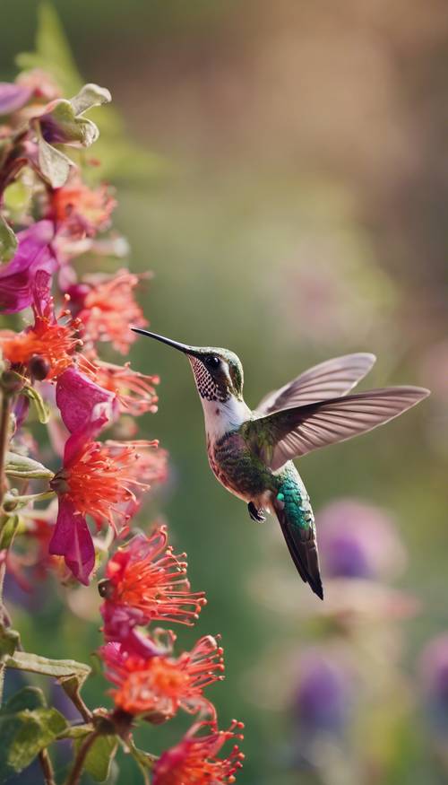Un colibrí flotando en el aire mientras sorbe el néctar de una flor vibrante. Fondo de pantalla [fc9ac1781fcb49aab749]