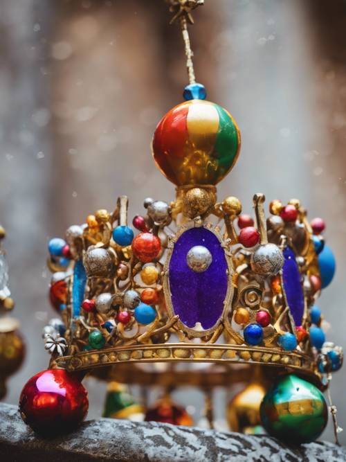 A jesters' fool's crown decorated with vibrant bells in the corner of a medieval court.