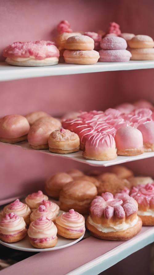 고풍스러운 작은 파리 빵집에 다양한 핑크색 페이스트리가 진열되어 있습니다.