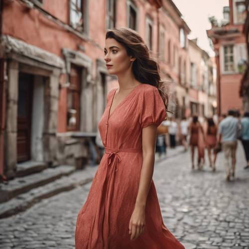 An elegant lady dressed in a light red summer dress strolling in an old town.