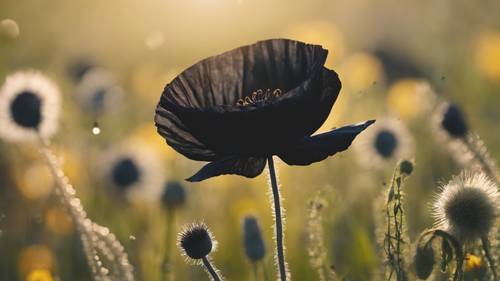 A single black poppy blooming vigorously in a sunny wildflower meadow.