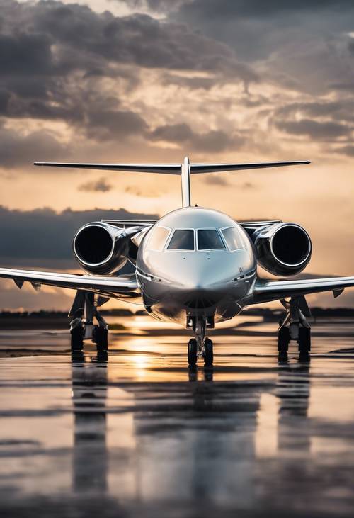 A private metallic jet in silver, ready to take off at dusk.