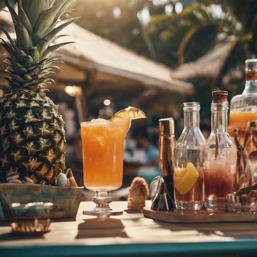 An outdoor shot of a stylish preppy beach bar serving exotic drinks.