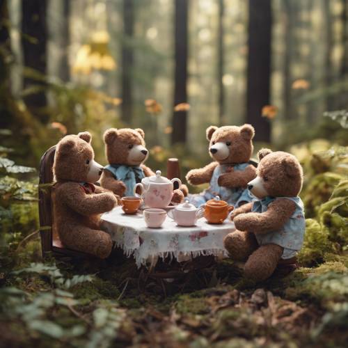 Uma gangue de ursinhos de pelúcia fazendo uma festa de chá selvagem no meio da floresta.
