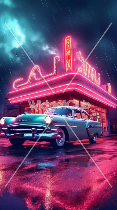 Neon Lights and Classic Car at Night