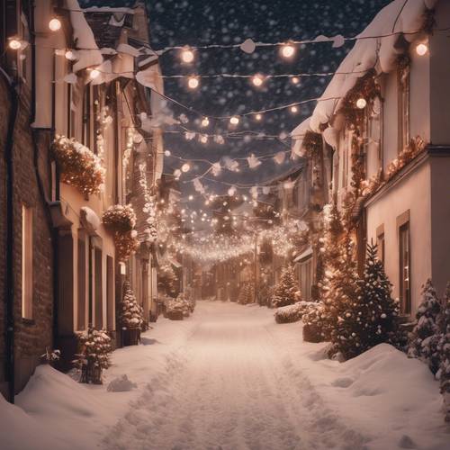 Uma rua nevada de uma vila decorada com luzes rosa douradas para a véspera de Natal.
