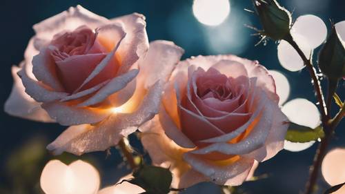 Dos rosas entrelazadas brillando bajo la suave luz de la luna.